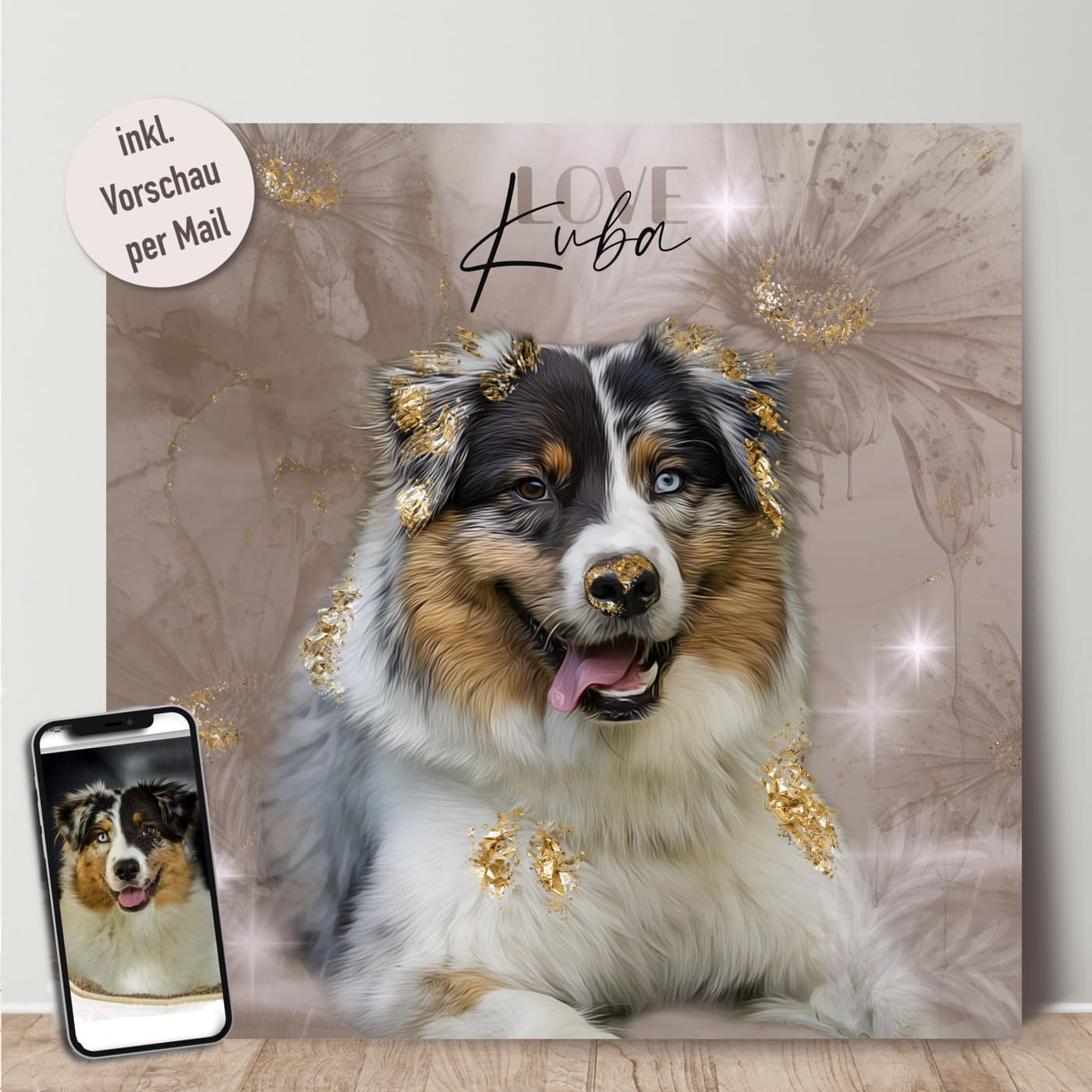 Ein liebevolles und personalisiertes Haustierportrait im romantischen Love-Stil auf hochwertiger