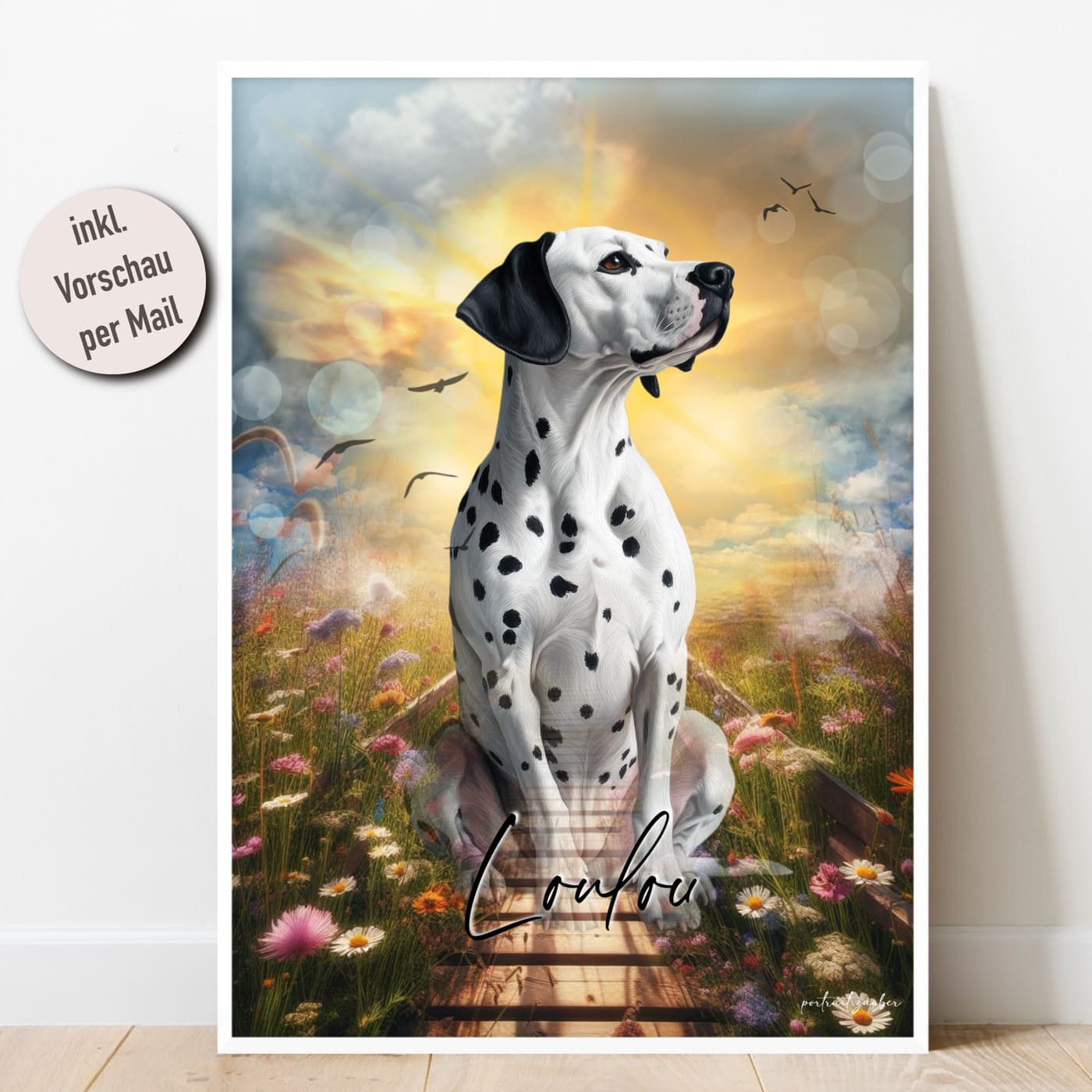Handgemalte, personalisierte Hundezeichnung als stilvolles Wandbild.
