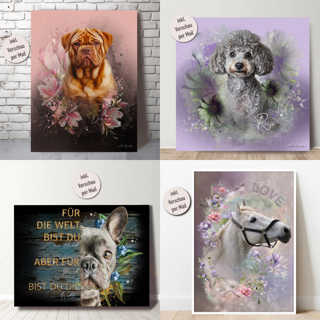 Detailliertes Hundeportrait, personalisiert und perfekt für deine Wand.