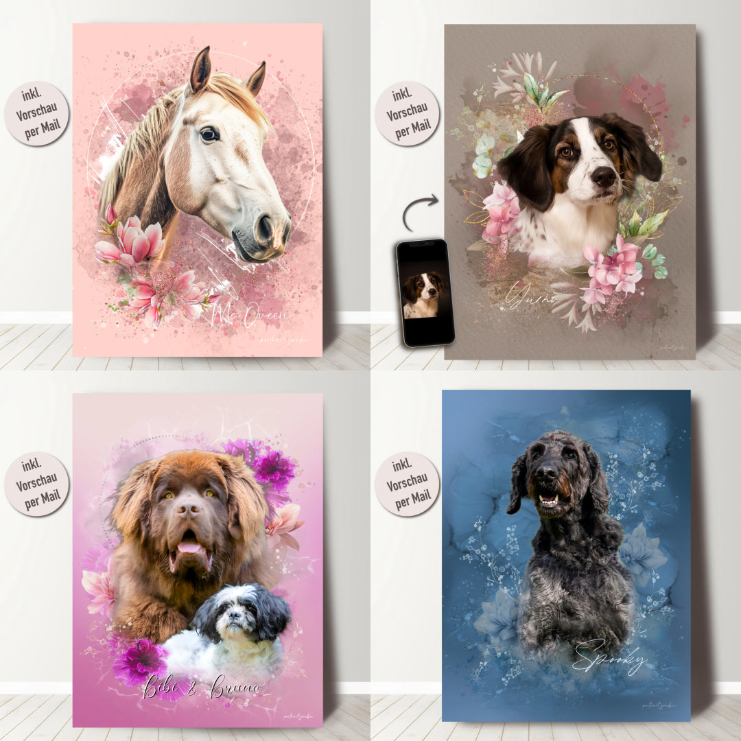 Handgezeichnetes Hundeportrait, personalisiert und in verschiedenen Stilen erhältlich.