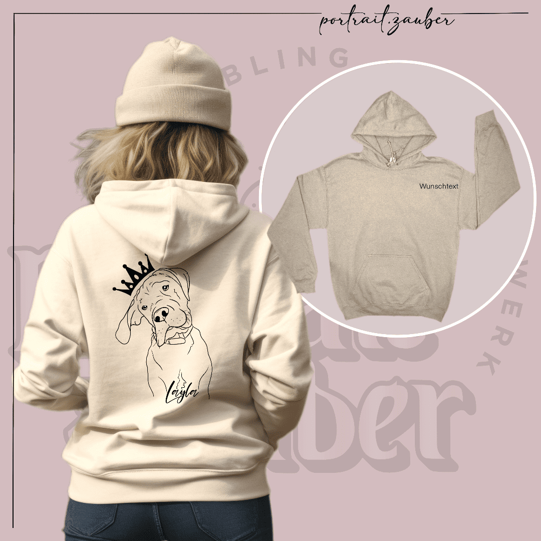 "Trage die Liebe zu deinem Hund auf deiner Kleidung – mit einem personalisierten Pullover von Portrait-Zauber."