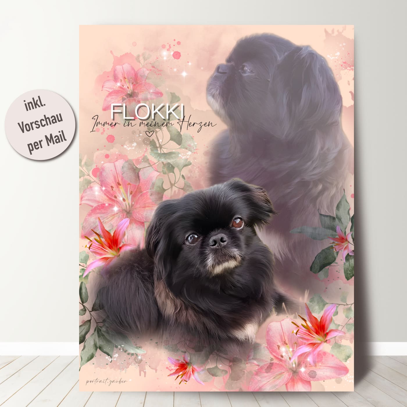 Liebevoll handgezeichnetes Hundeportrait, individuell und personalisiert.