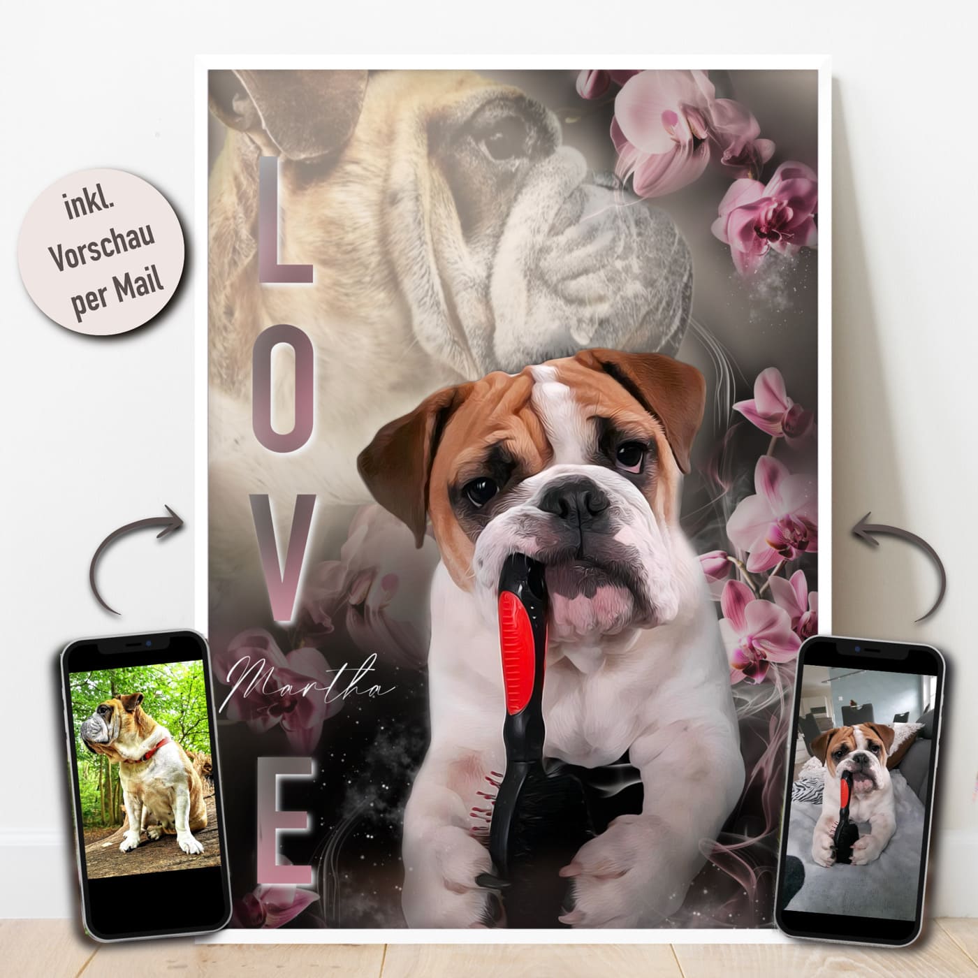 Handgefertigtes Hundeportrait, personalisiert und stilvoll gerahmt.