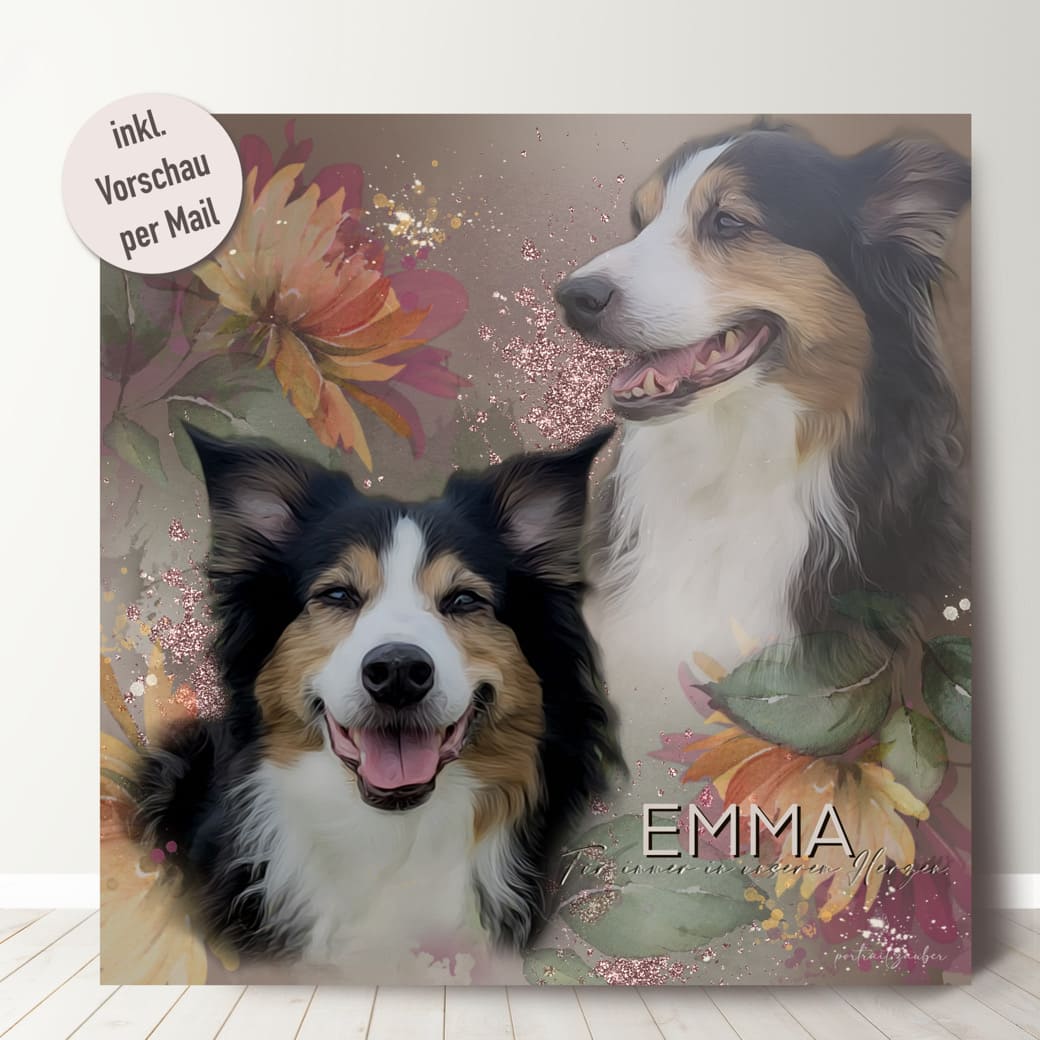 Einzigartiges Hundeportrait, personalisiert und als Kunstdruck erhältlich.