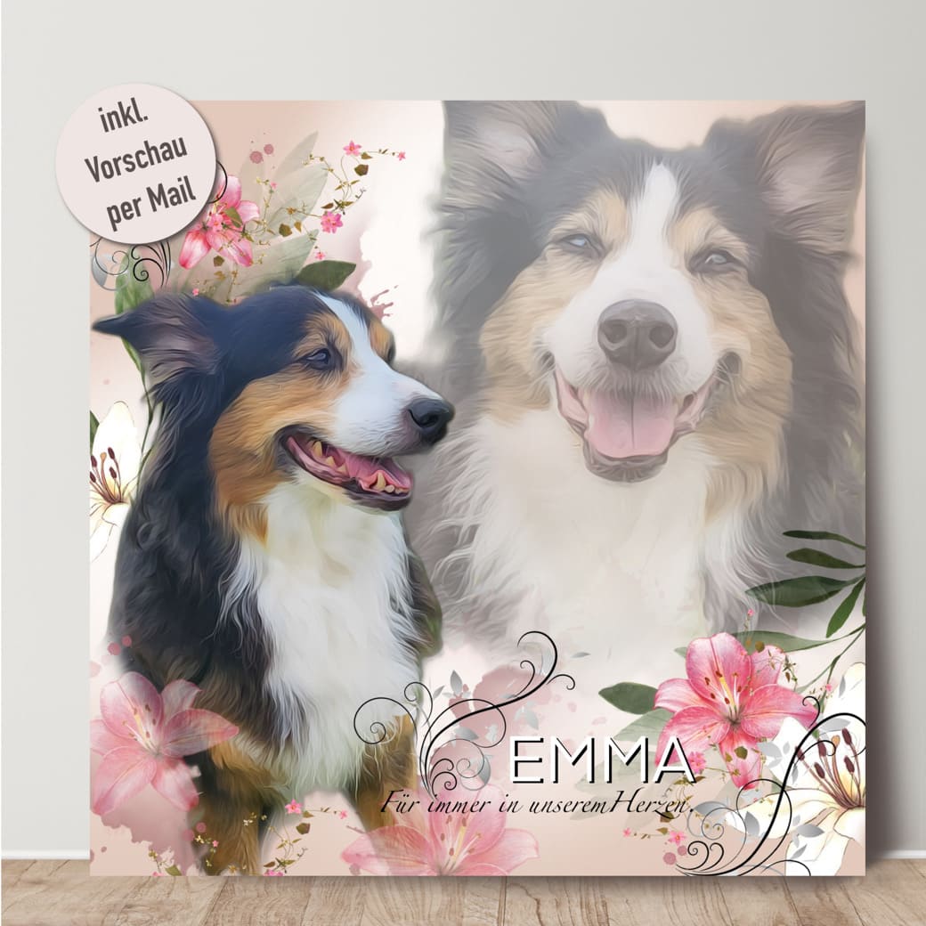 Einzigartiges Hundeportrait, personalisiert und ideal als Geschenk.