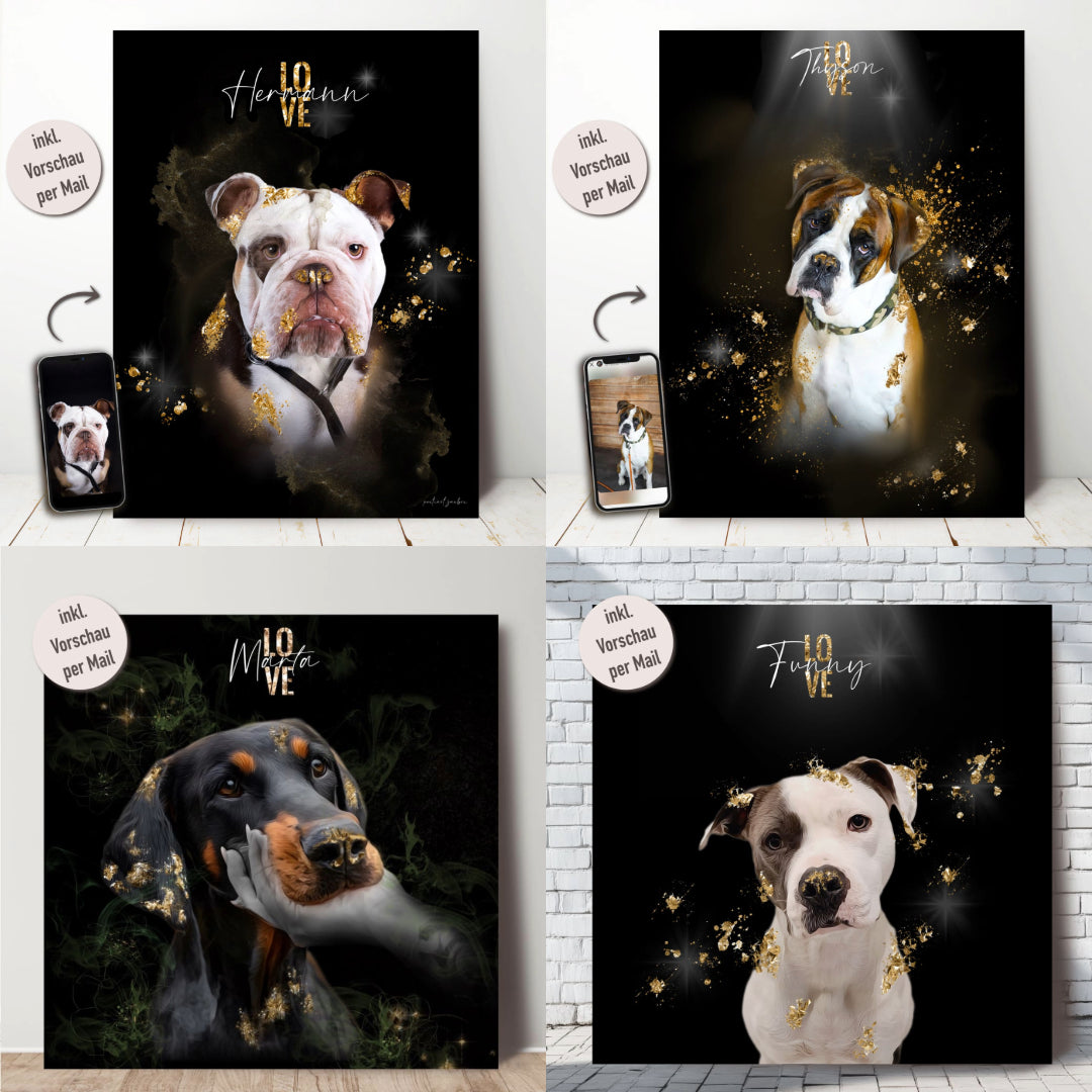 Exklusives Hundeportrait, personalisiert und in modernem Stil.