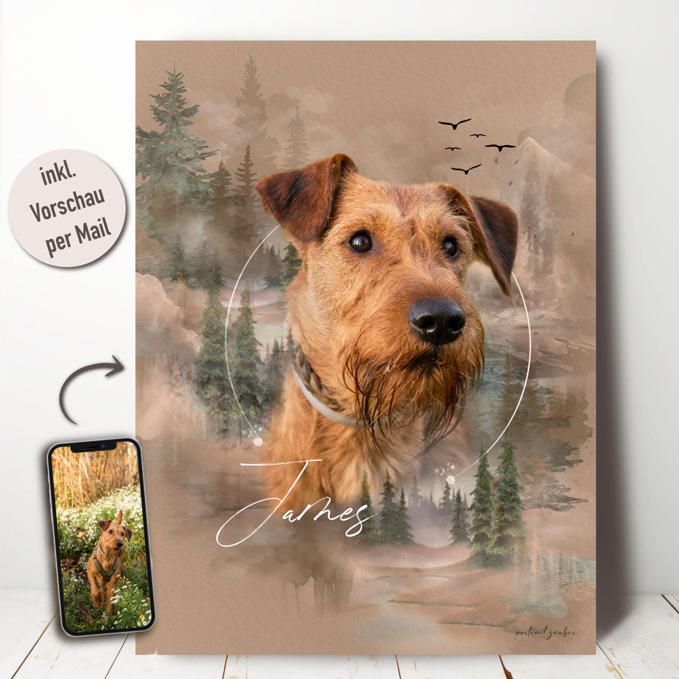 Handgezeichnetes Hunde-Portrait, personalisiert und als Kunstdruck erhältlich.