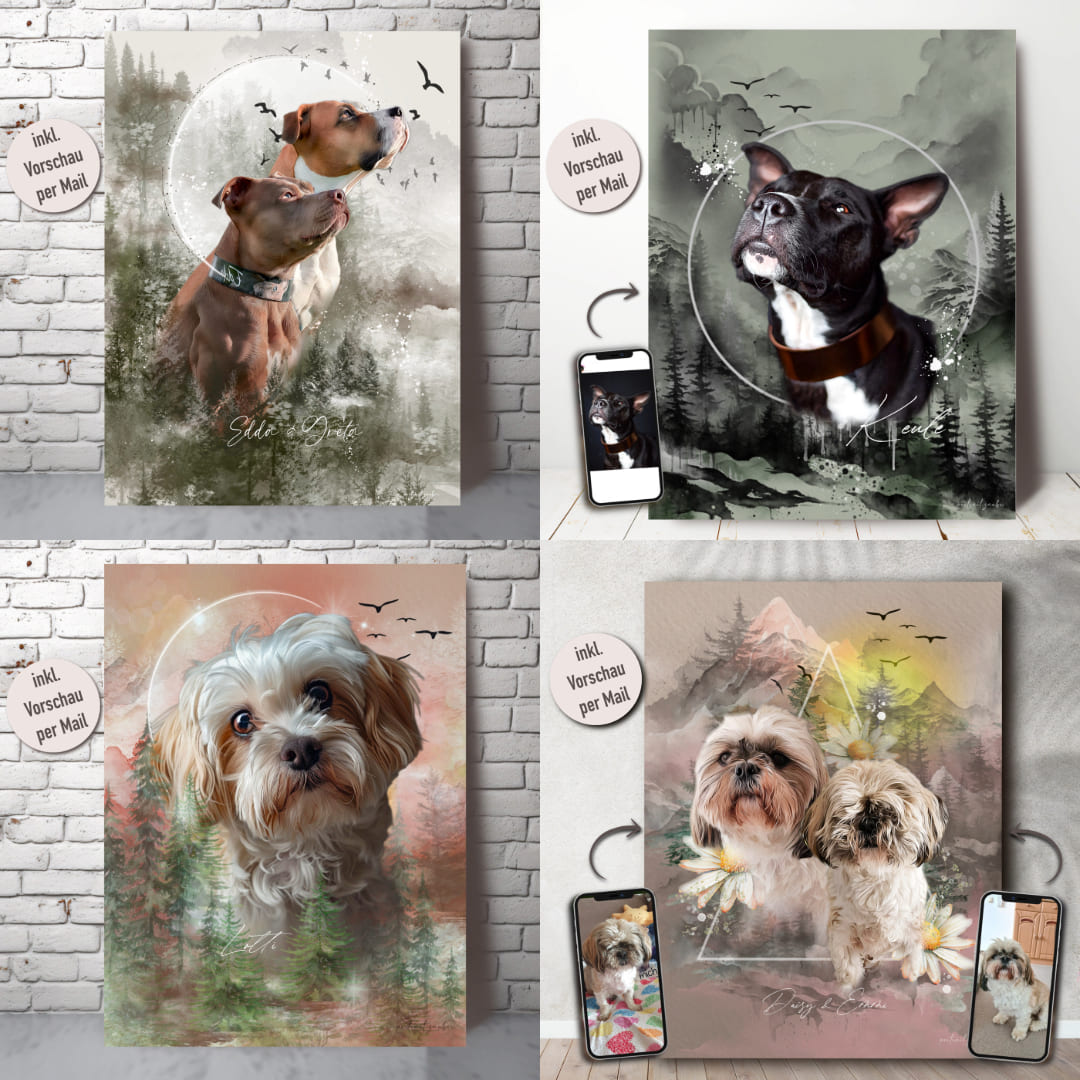 Liebevoll handgefertigtes Hundeportrait, personalisiert und auf hochwertigem Papier.