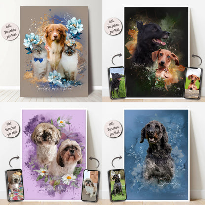 Handgezeichnetes Hundeportrait, personalisiert und individuell gestaltet.